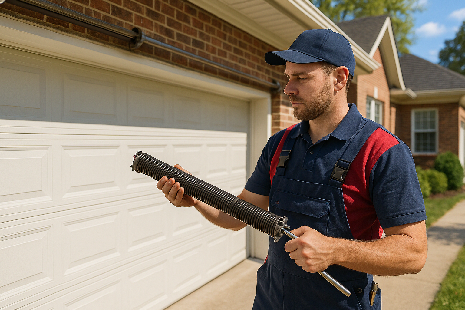 Technician repairing a residential garage door in Fort Mill, SC