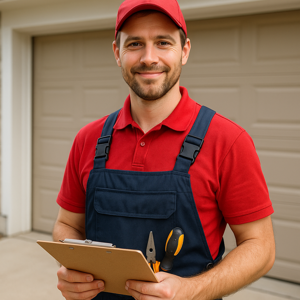 Garage door technician diagnosing a door opener